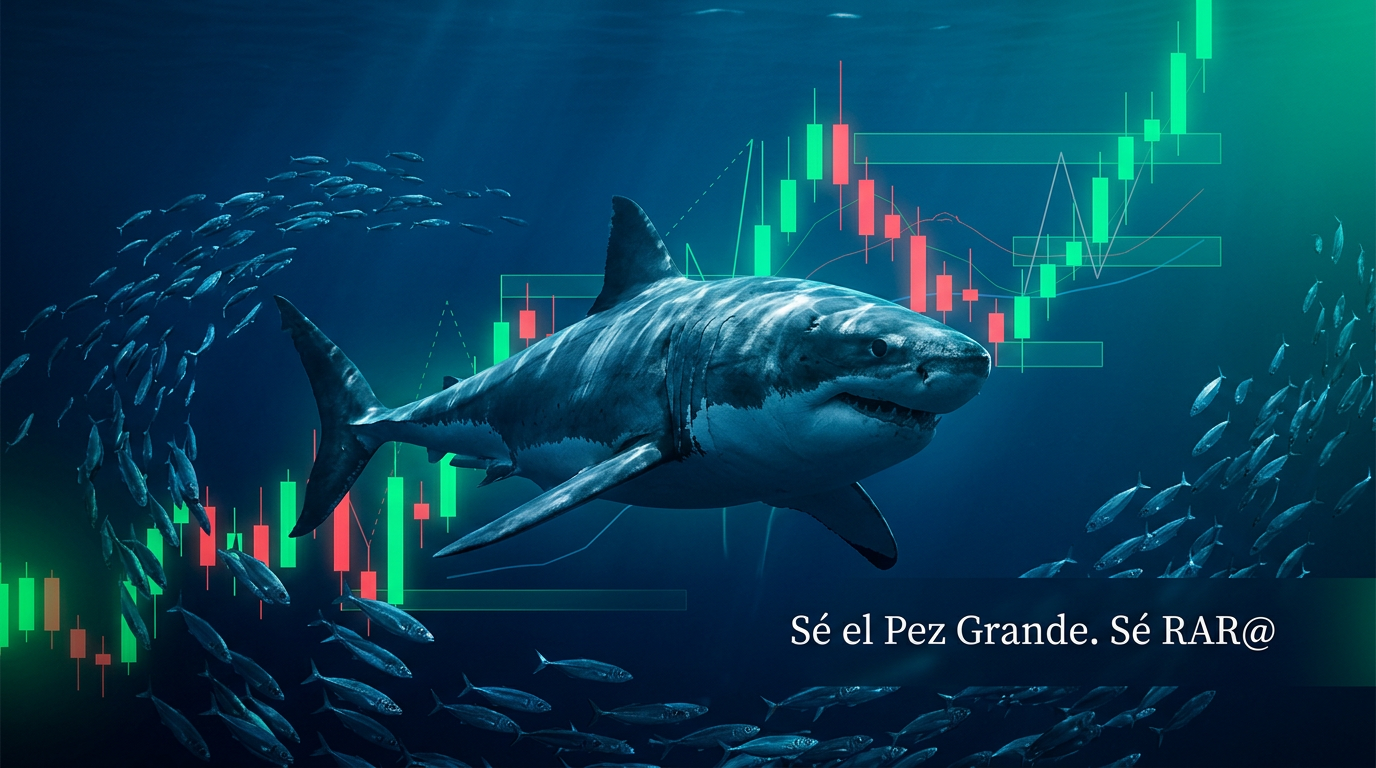 Portada del curso El Arte de Leer el Precio: un tiburón entre peces pequeños y velas del mercado.